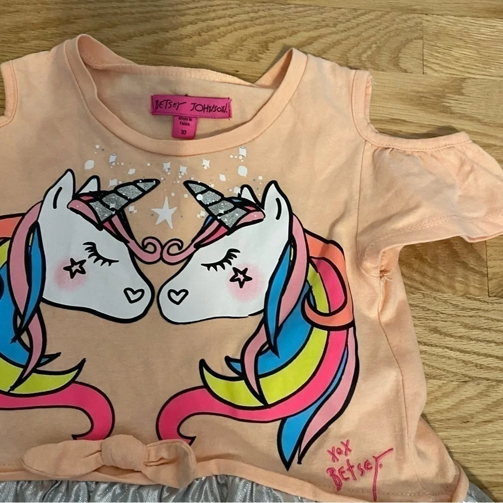 Betsey Johnson Unicorn Dress Sz 10 Cold Shoulder Peach Silver Pleated Kids Girls